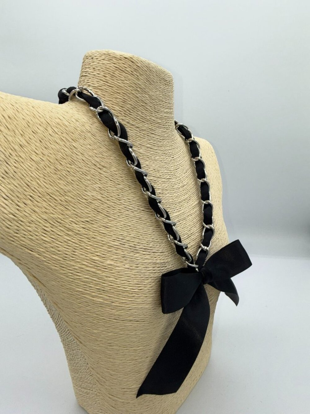 Black Ribbon Silver Tone Chain Bow Statement Necklace - Picture 6 of 8